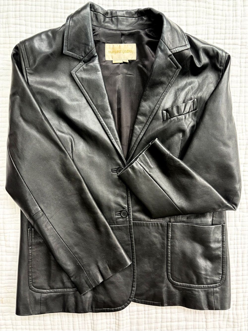 Vintage Margaret Godfrey Black Genuine Leather Blazer Jacket Tailored Women’s 14